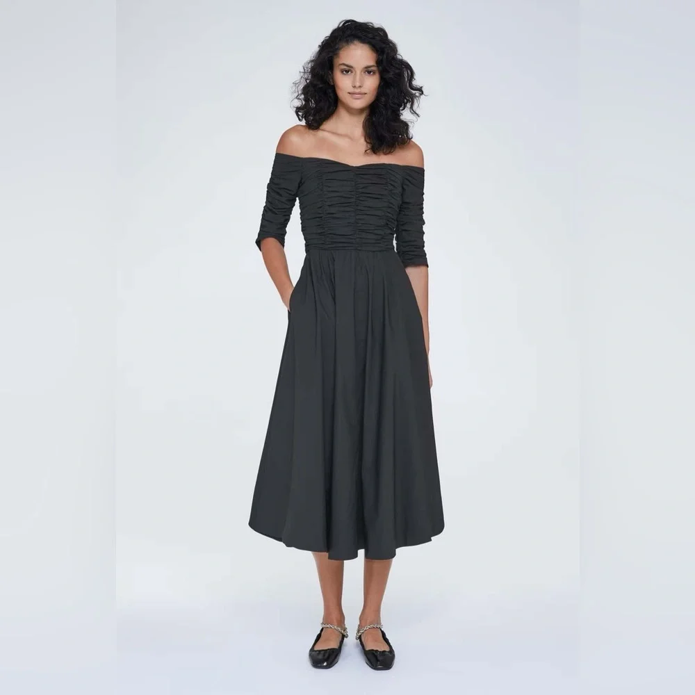 DOROTHEE SCHUMACHER poplin power midi off the shoulder dress in black